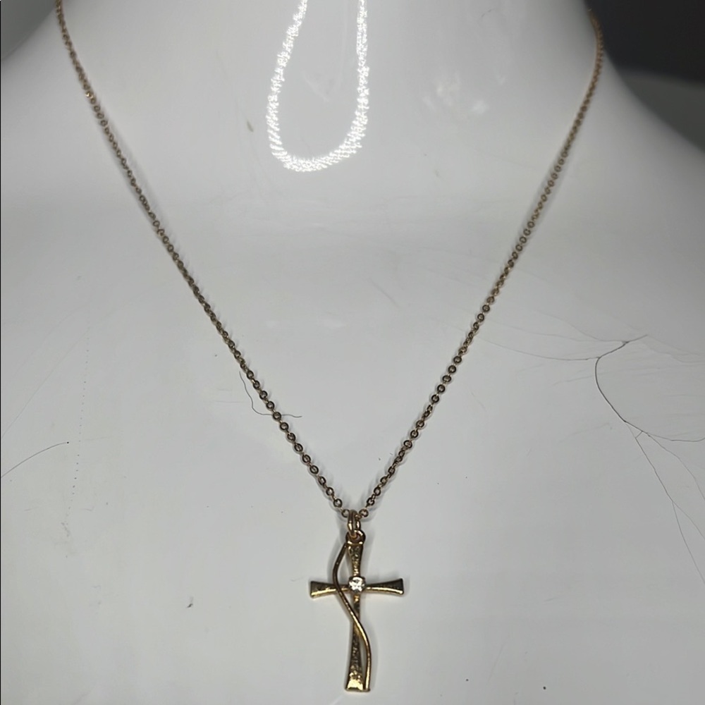 14K gf Vintage Cross with Small Diamond 9” drop Chain Necklace